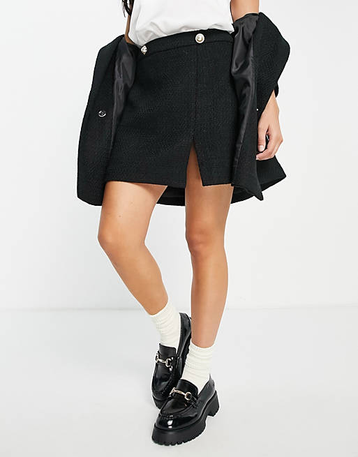  Miss Selfridge textured button front skirt in black 