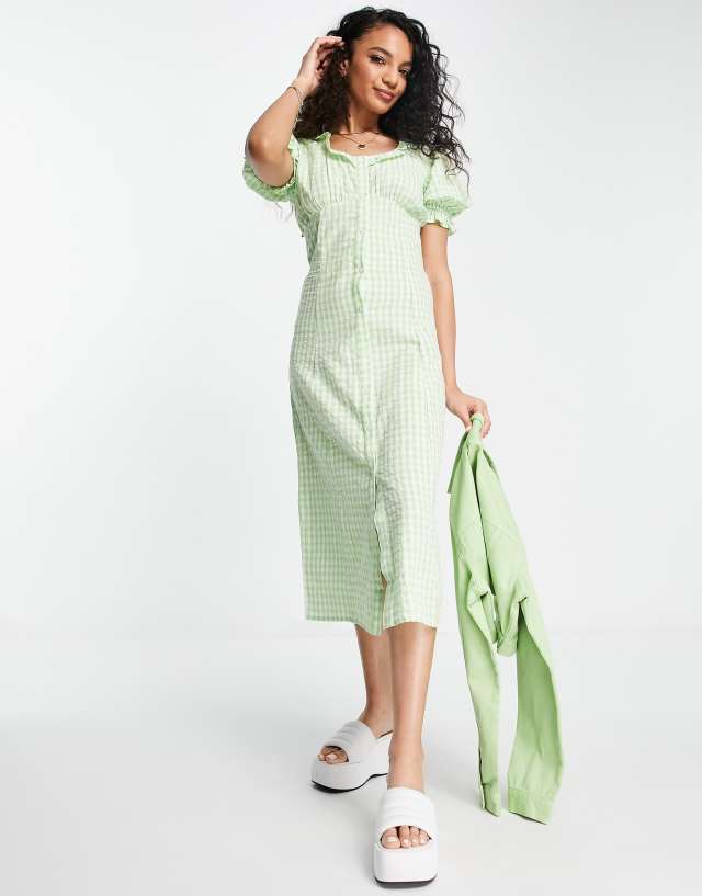 Miss Selfridge textured button up midi dress in green jumbo gingham