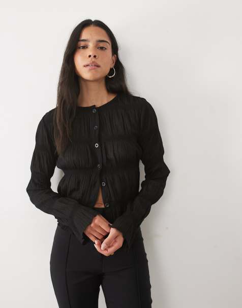 Miss Selfridge textured button up top with flare sleeve in black - view 1