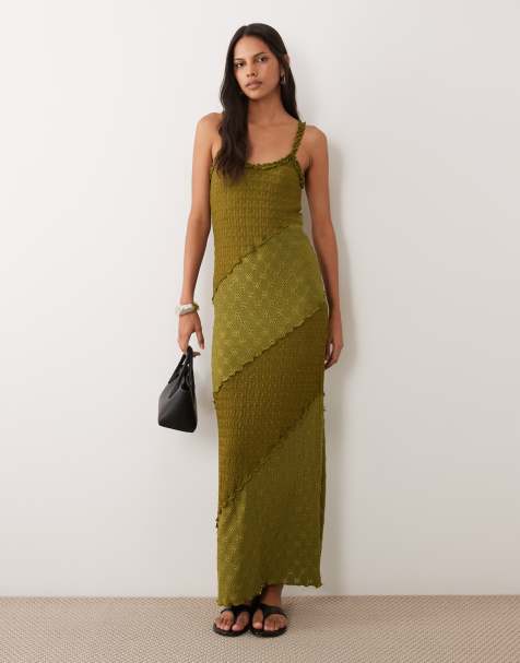 Miss Selfridge textured cami maxi dress in olive green - view 1