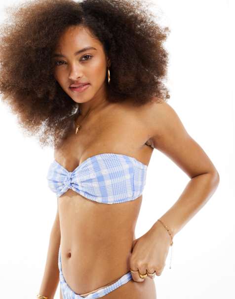 Miss Selfridge textured check bandeau bikini top in blue - view 1