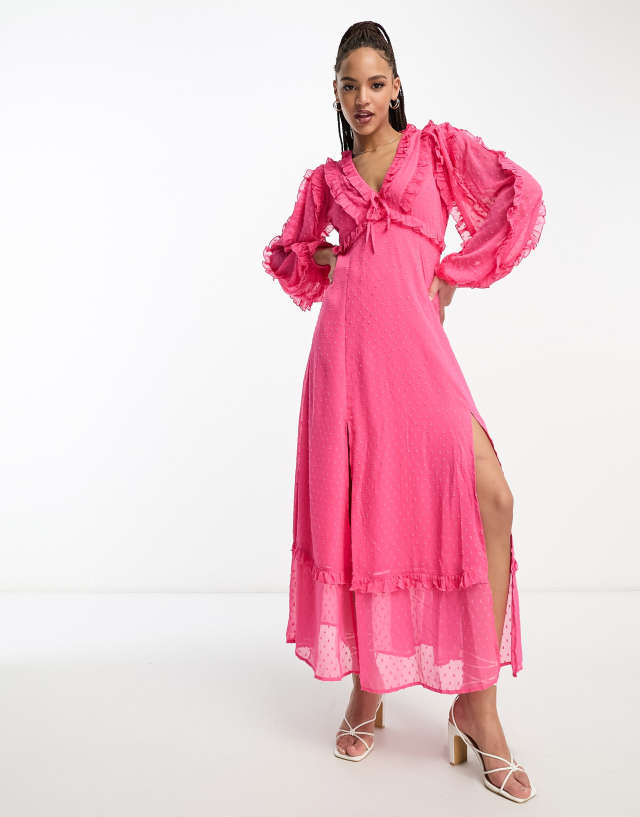 Miss Selfridge textured chiffon ruffle detail maxi dress in hot pink