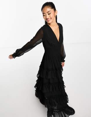 textured chiffon ruffle tiered maxi dress in black