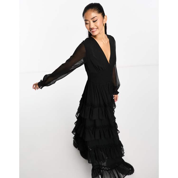 MEER.　メーア　Shirring frilled dress　ワンピース　黒 Miss Selfridge textured chiffon ruffle tiered maxi dress in