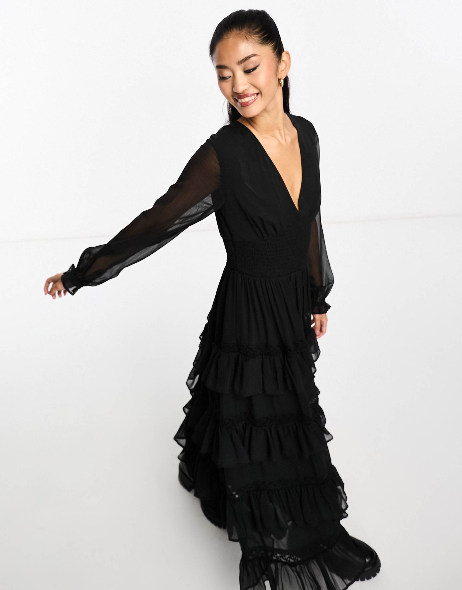 miss selfridge textured chiffon ruffle tiered maxi dress in black