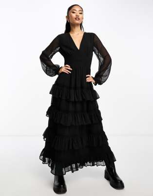 ワンピース maison celon frilly tiered dress BLACK Miss Selfridge textured chiffon ruffle tiered maxi dress in