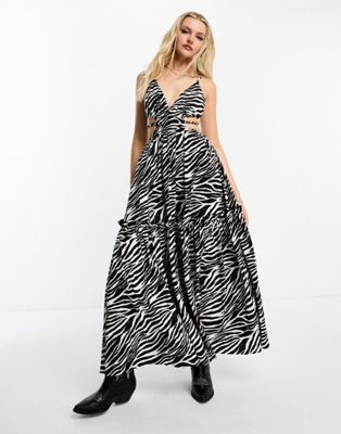 Miss Selfridge textured festival cut out strappy maxi dress in mono zebra