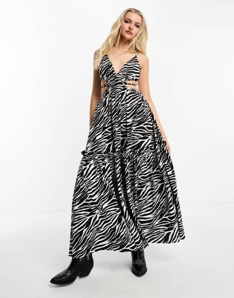 Miss Selfridge textured festival cut out strappy maxi dress in monochrome zebra - view 1