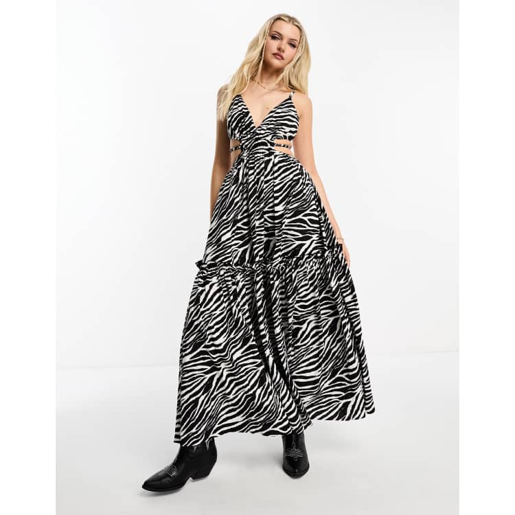 【The Attico】 Zebra-print side-slitミディドレス Zebra-print side-slit midi dress in black - The Attico