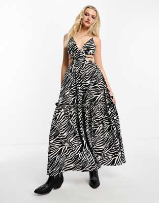 miss selfridge textured festival cut out strappy maxi dress in monochrome zebra