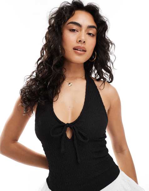 Miss Selfridge textured halter neck top in black - view 1
