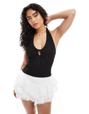 Miss Selfridge Textured Halter Neck Top In Black