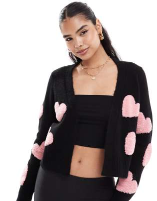 Miss Selfridge Textured Heart Cardigan In Black With Pink Hearts