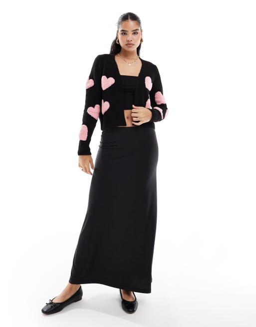 Miss Selfridge textured heart cardigan in black with pink hearts, 2 of 4