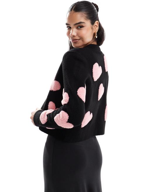 Miss Selfridge textured heart cardigan in black with pink hearts, 3 of 4