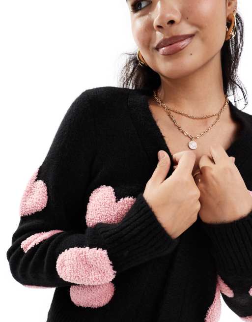 Miss Selfridge textured heart cardigan in black with pink hearts, 4 of 4