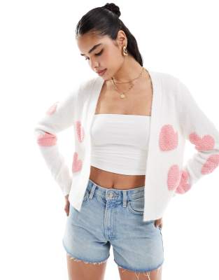 textured heart cardigan in cream with pink hearts-White