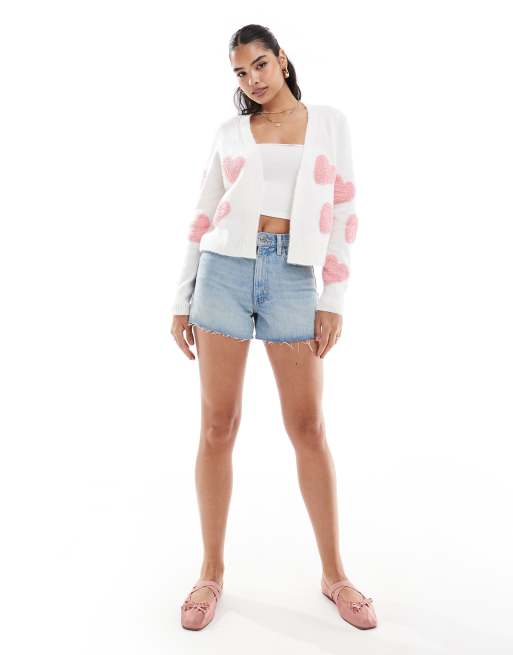 Miss Selfridge textured heart cardigan in cream with pink hearts, 2 of 4