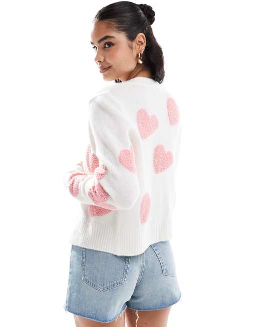 Miss Selfridge textured heart cardigan in cream with pink hearts