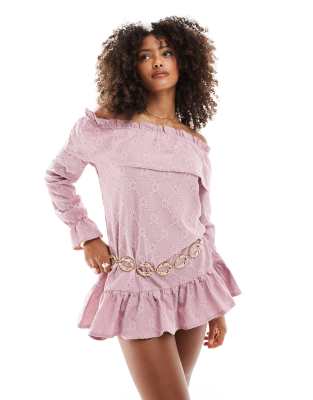 Shop Miss Selfridge Textured Jersey Ruffle Bardot Mini Dress In Multi