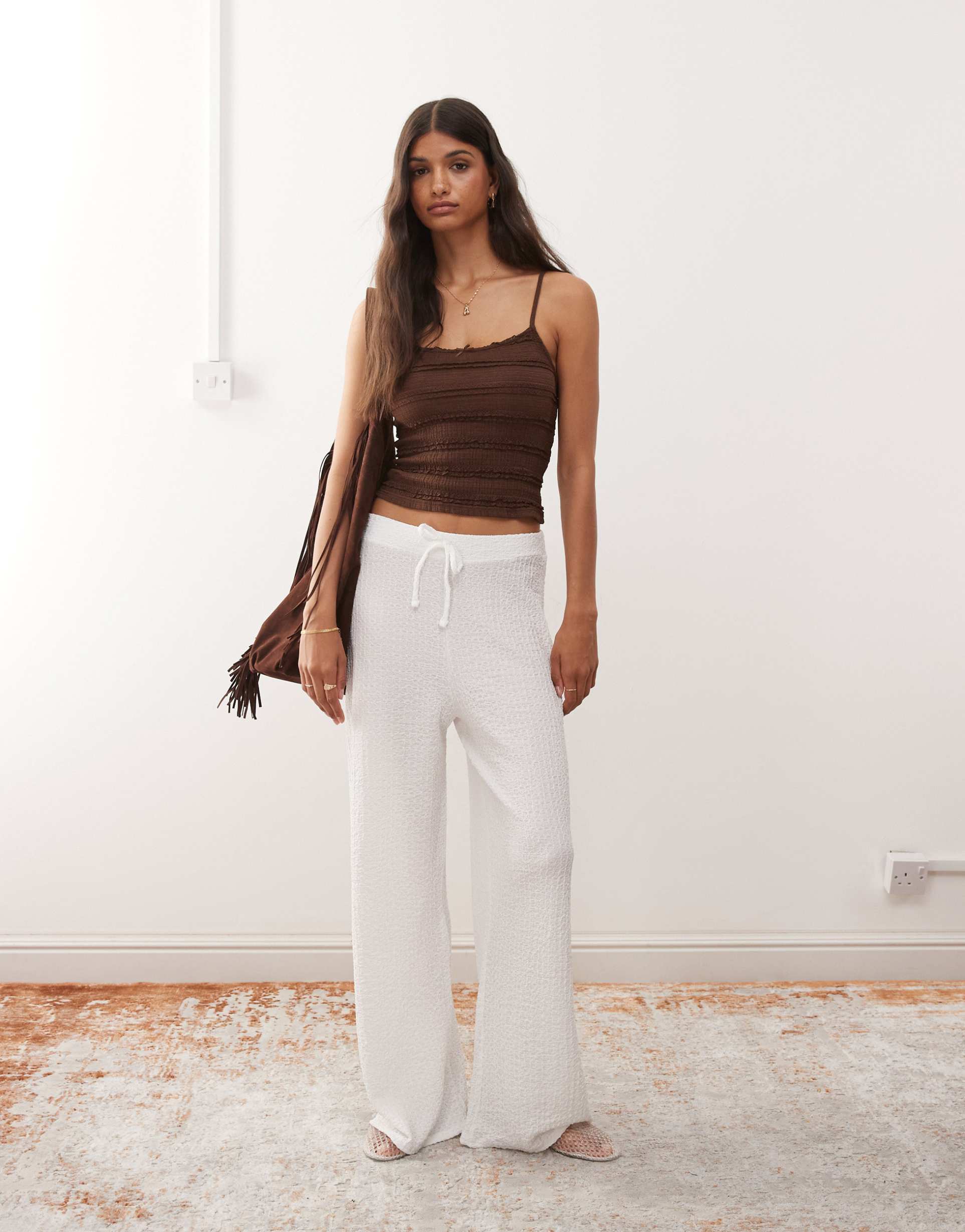 miss selfridge textured jersey straight leg pants in ecru - part of a set