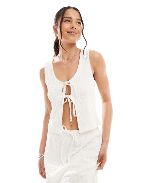 Miss Selfridge textured jersey tie front top in natural - view 1