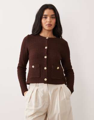 Miss Selfridge textured knit button up cardigan in chocolate