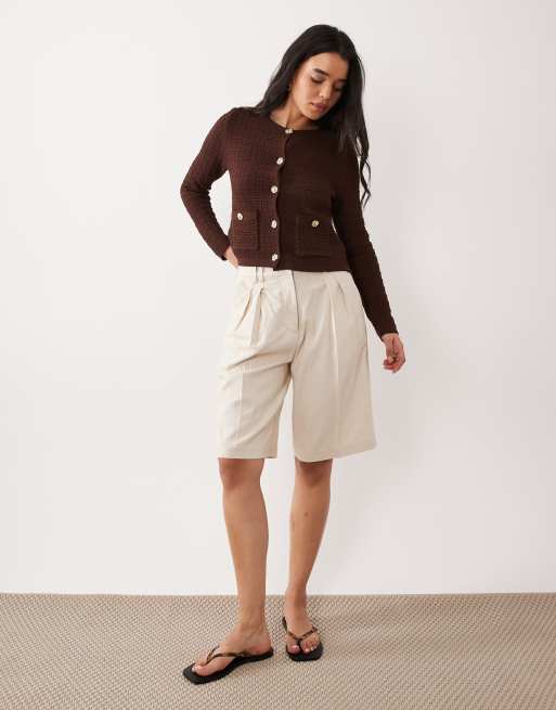 Miss Selfridge textured knit button up cardigan in chocolate, 3 of 4