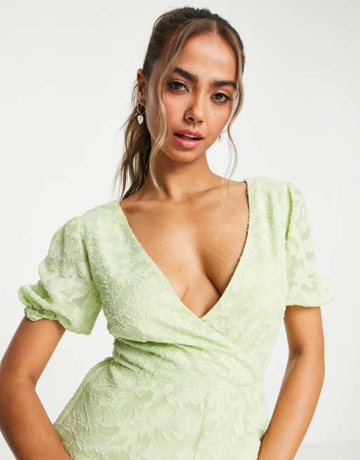 Miss Selfridge textured lace back wrap romper in sage		, 3 of 4