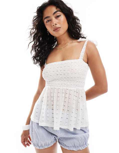 Miss Selfridge textured lace tie shoulder cami top in cream - view 1