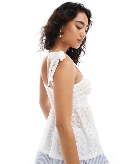 Miss Selfridge textured lace tie shoulders cami top in cream, 4 of 4