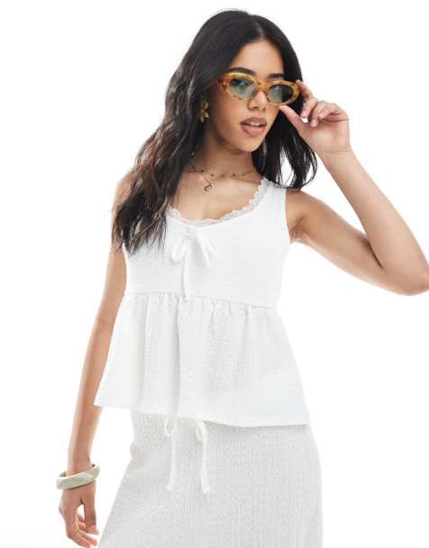 Miss Selfridge textured lace trim milkmaid top in ecru - part of a set - view 1