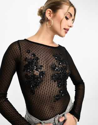 Miss Selfridge Textured Mesh Long Sleeve Embellished Bodysuit In Black In Black