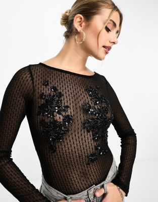 Miss Selfridge textured mesh long sleeve embellished bodysuit in black