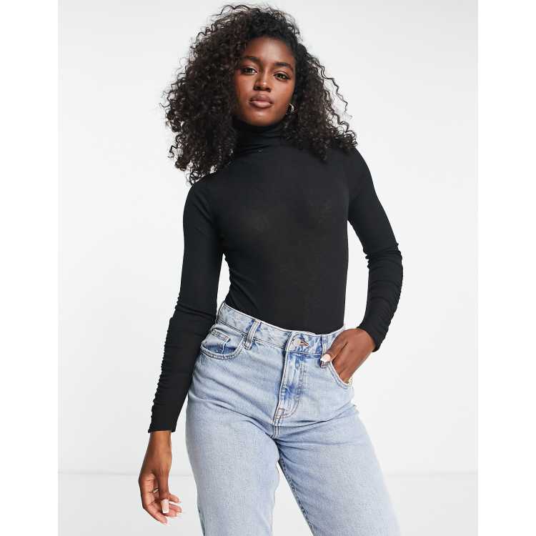 Miss Selfridge textured mesh roll neck bodysuit in black | ASOS