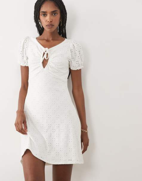 Miss Selfridge textured mini dress with keyhole and picot trim in white - view 1