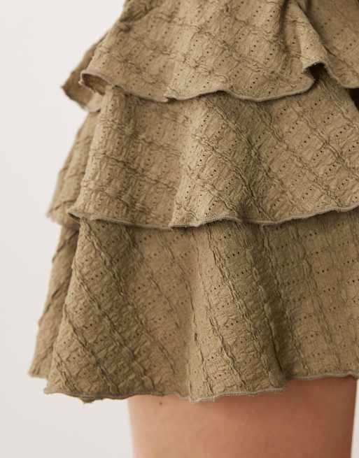 Miss Selfridge textured mini rara skort co-ord in khaki, 4 of 5