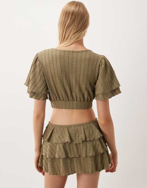 Miss Selfridge textured mini rara skort co-ord in khaki, 5 of 5