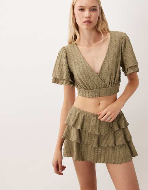 Miss Selfridge textured frill sleeve top and skort set in khaki, 2 of 3