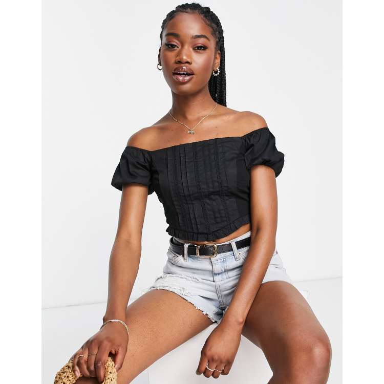 Black Satin Bardot Sheer Puff Sleeve Bandeau Top