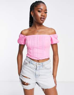 Miss Selfridge textured puff sleeve bardot top in pink