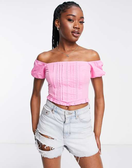 Miss Selfridge textured puff sleeve bardot top in pink ASOS