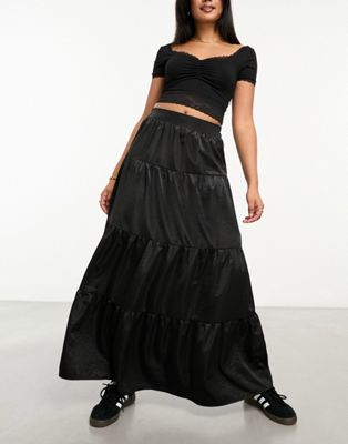 Miss Selfridge textured satin tiered maxi skirt in black - ASOS Price Checker