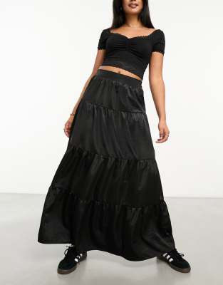 Shop Miss Selfridge Textured Satin Tiered Maxi Skirt In Black