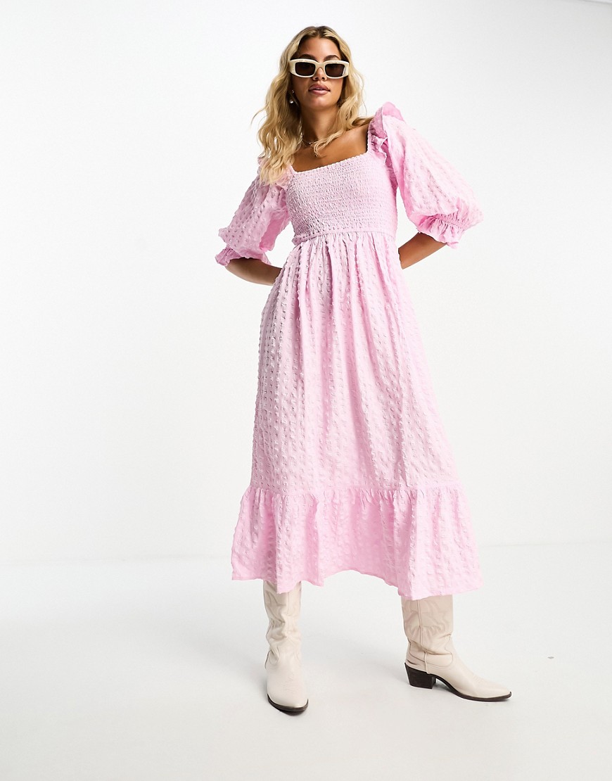 Miss Selfridge textured shirred frill shoulder midi dress in pink