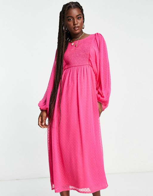 Miss Selfridge textured shirred midi dress in hot pink | ASOS