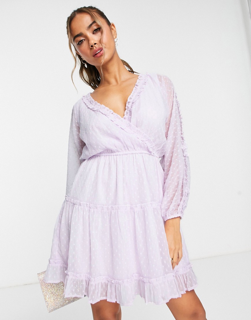 Miss Selfridge textured shirred waist wrap mini dress in lilac-Purple