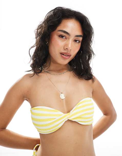 Miss Selfridge textured stripe twist bandeau bikini top in yellow - view 1