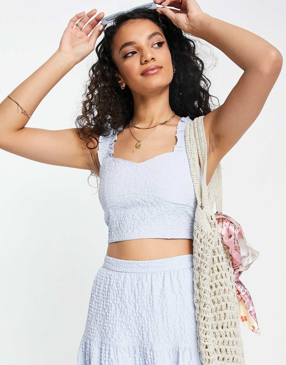 Miss Selfridge textured tie back crop top co-ord in light blue