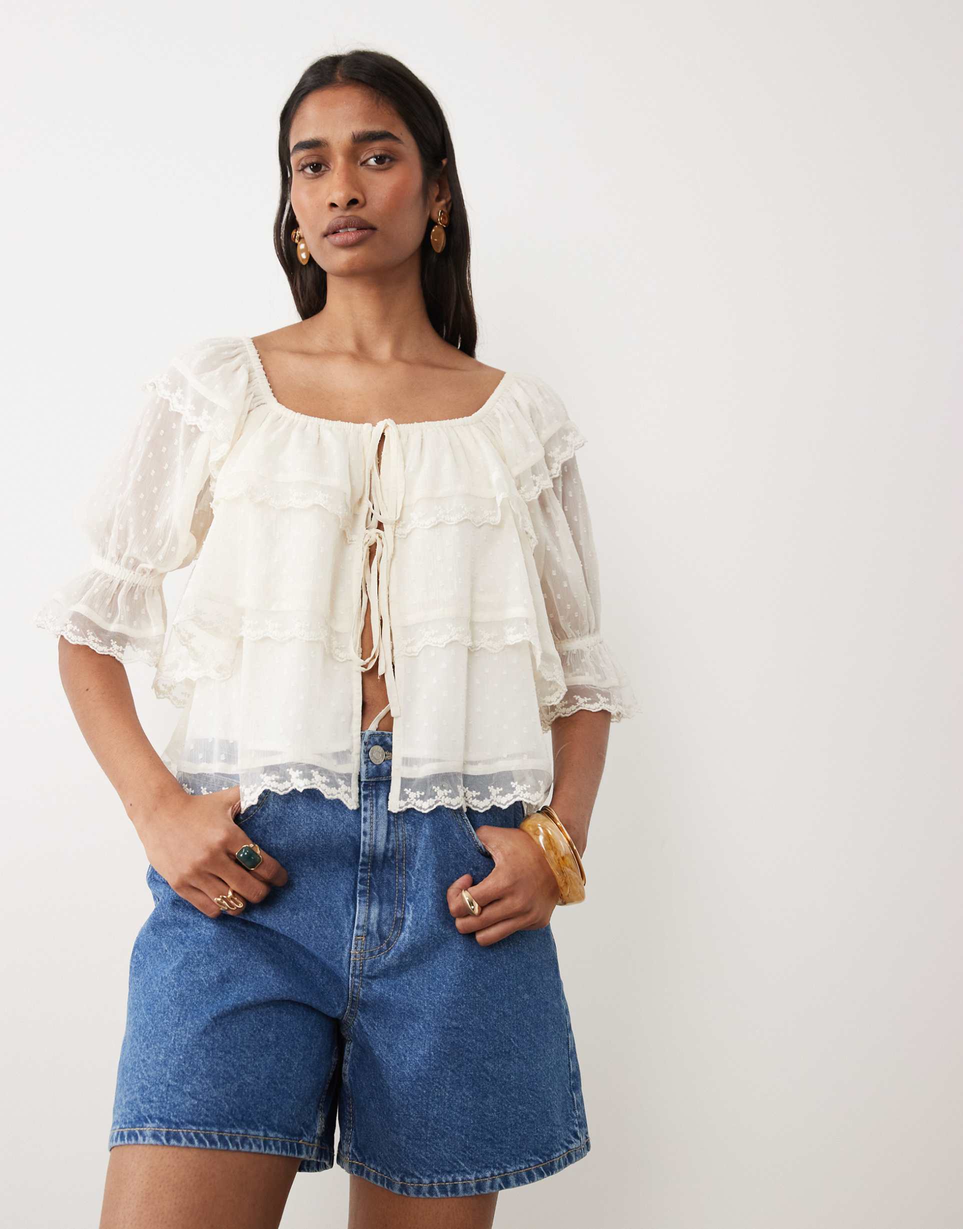 miss selfridge textured tie front blouse in cream